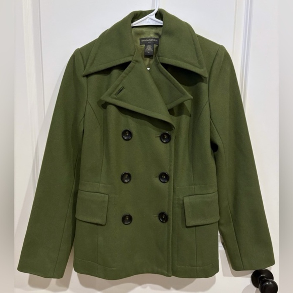 Women's Banana Republic Wool Double Breasted Moss Green Pea Coat Size XS